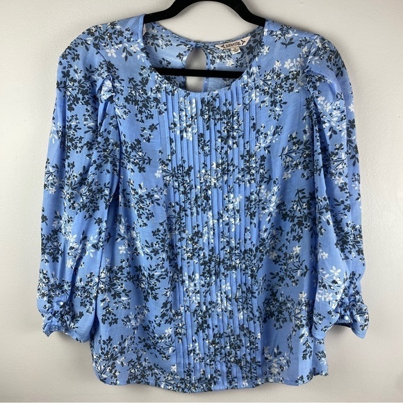 NANETTE Lepore Blue Floral Pleated 3/4 Sleeve Blouse Medium - Picture 4 of 12